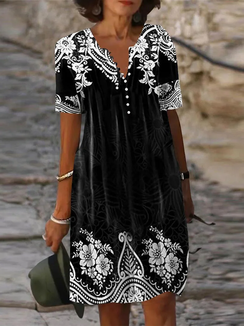 Women Half Sleeve V-neck Solid Color Dress