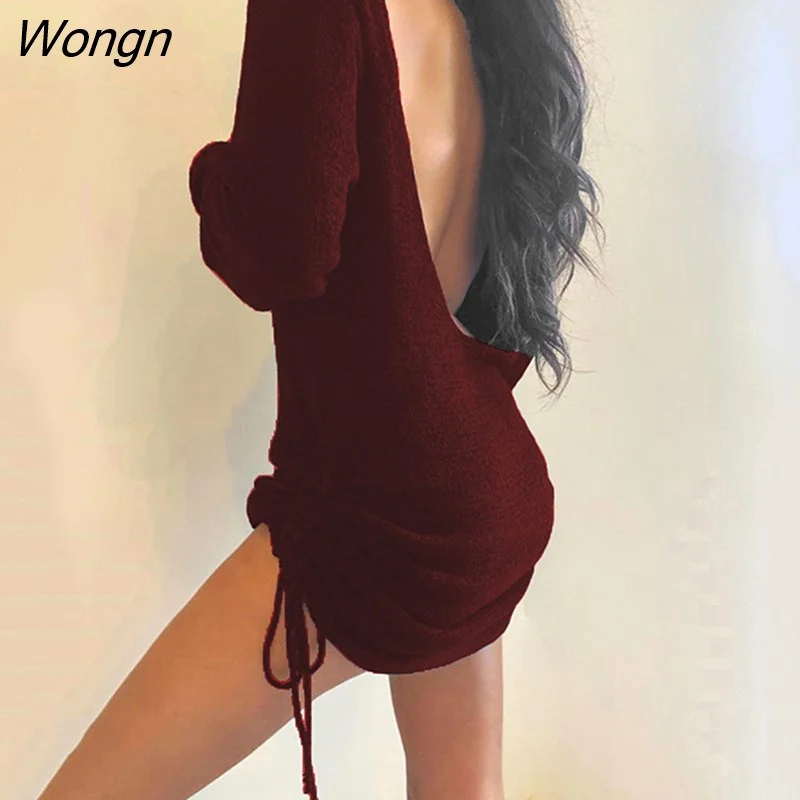 Wongn Elegant Fashion Clubwear Women Sexy Open Back Mini Dress Female Casual Short Dress Drawstring Ruched Backless Dress
