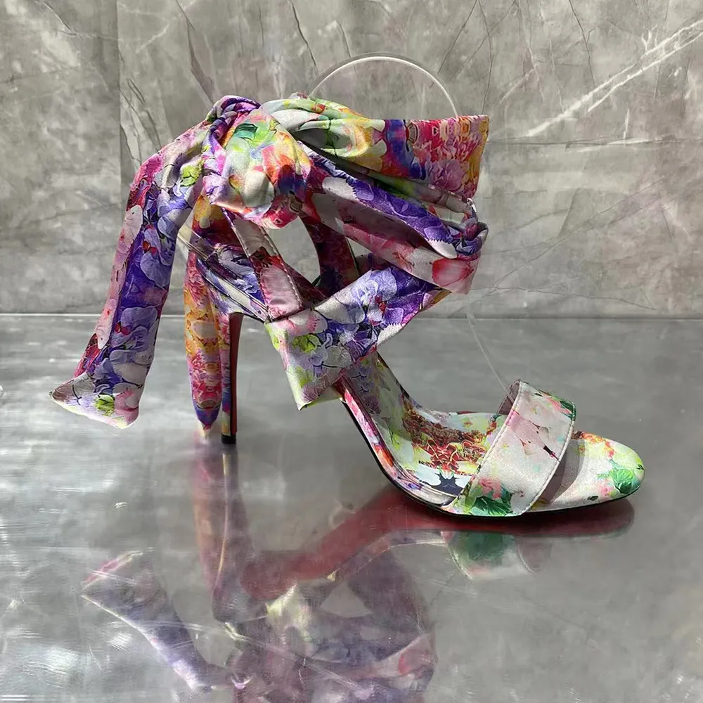 100mm Women's High Heels Fashion Floral Bow Ribbon Silk Red Bottom Sandals-vocosishoes