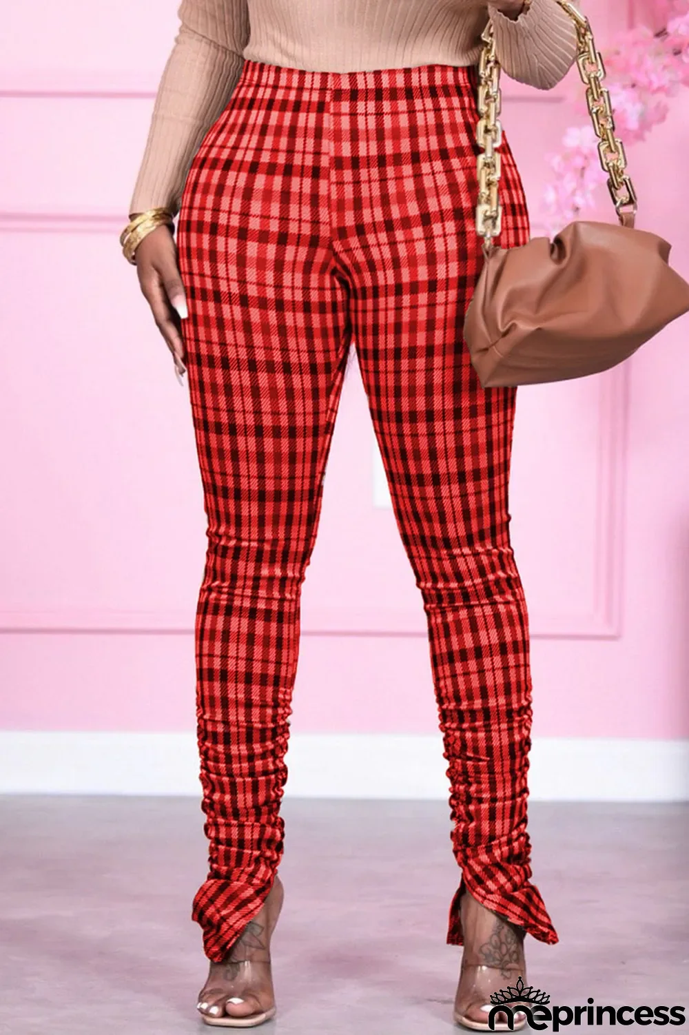 Red Fashion Print Fold Skinny Bottoms