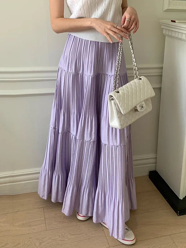 A-Line High Waisted Pleated Solid Color Split-Joint Skirts Bottoms