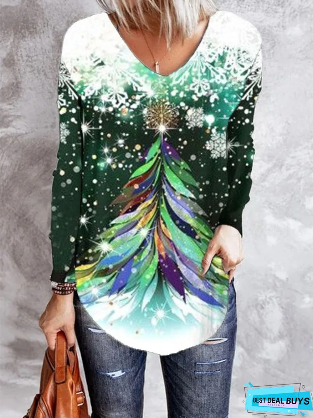 Christmas Printed V Neck Casual Long Sleeve Tunic T-Shirt