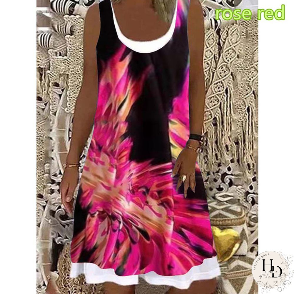 Womens dress summer new fashion flame fake two-piece printed casual sleeveless Round-neck