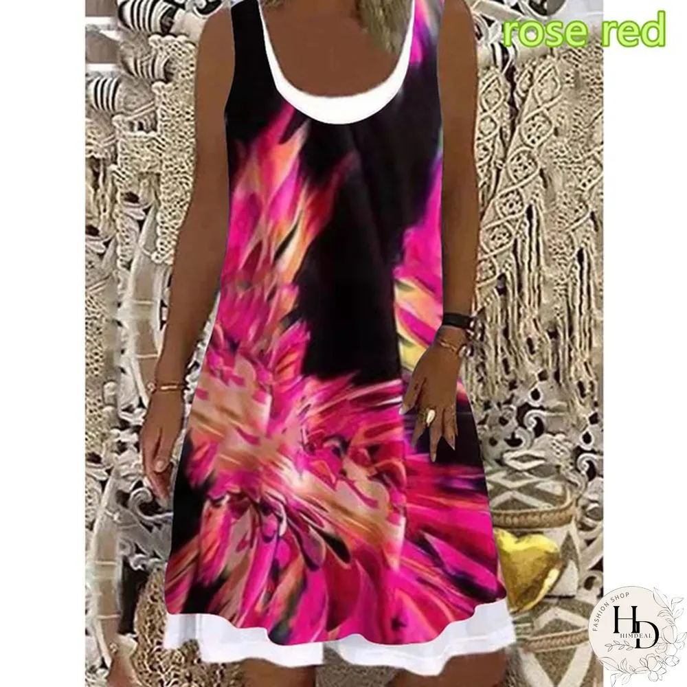 Womens dress summer new fashion flame fake two-piece printed casual sleeveless Round-neck