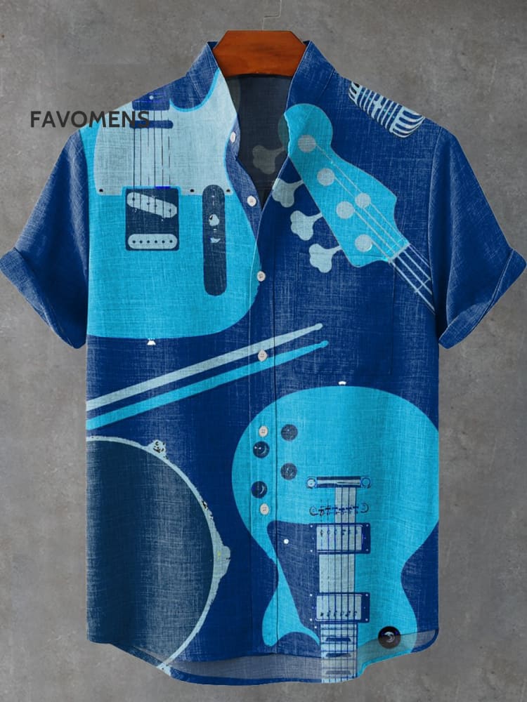 Creative Design Of Blue Guitar Vintage Print Casual 100% Cotton Shirt Multicolor / S