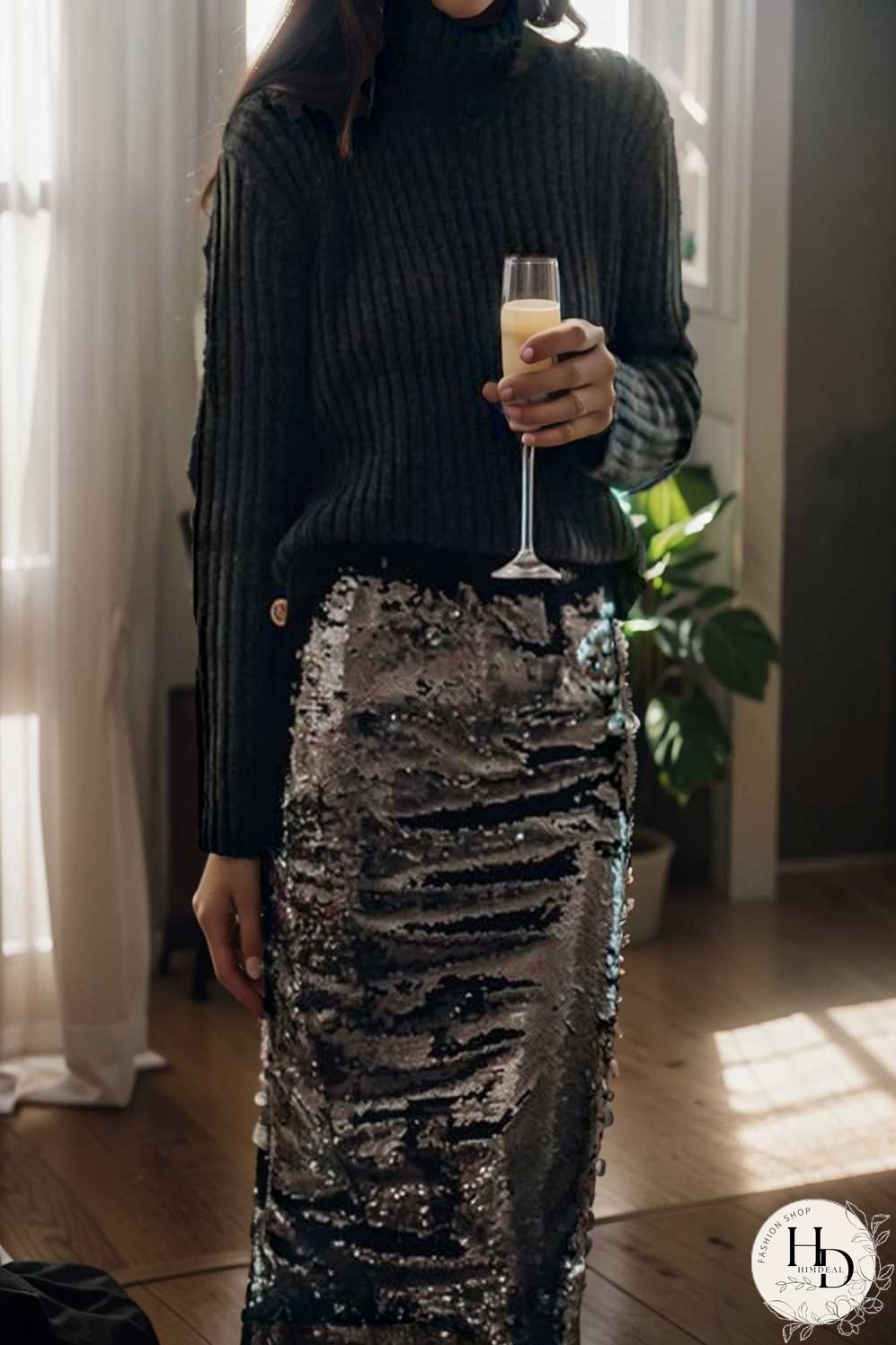 women s skirts sequined skinny slit midi skirt