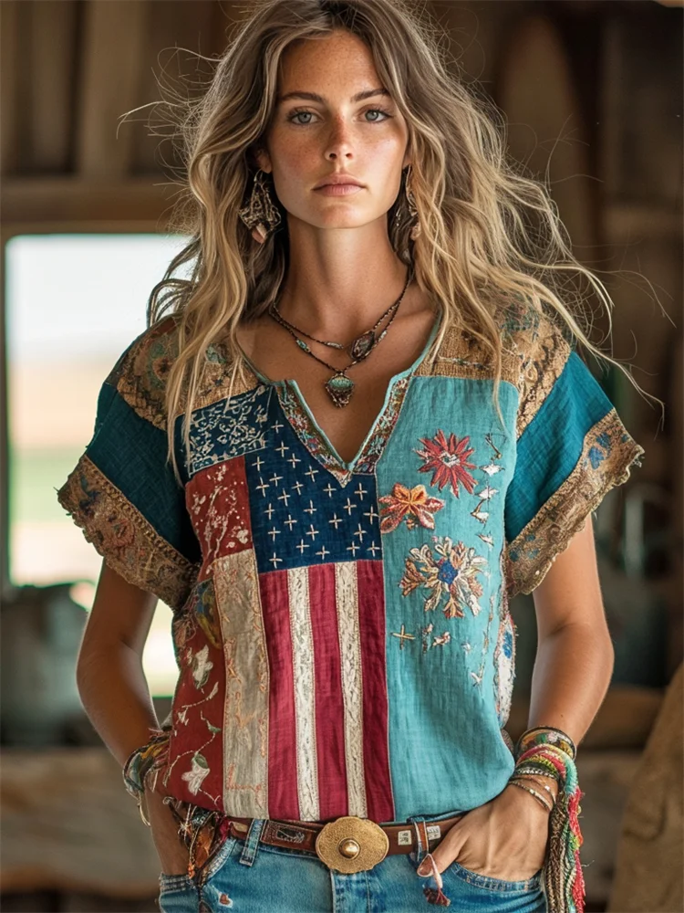 Vintage Floral Embroidered American Flag Patchwork Linen Shirt