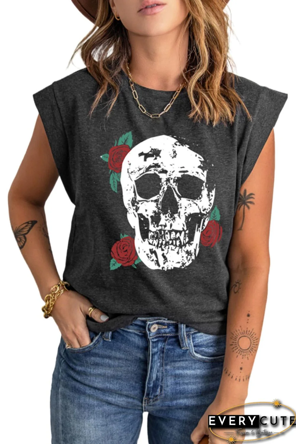 Gray Roses Skull Head Graphic Cap Sleeve Tee