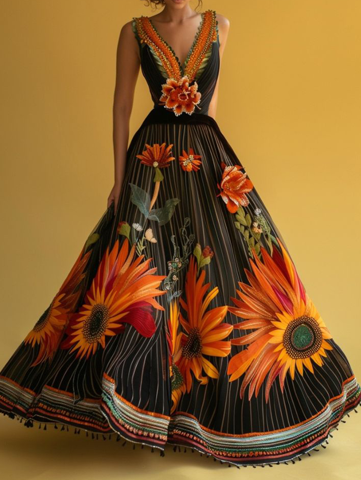 Boho Striped Floral Print V Neck Sleeveless Maxi Dress