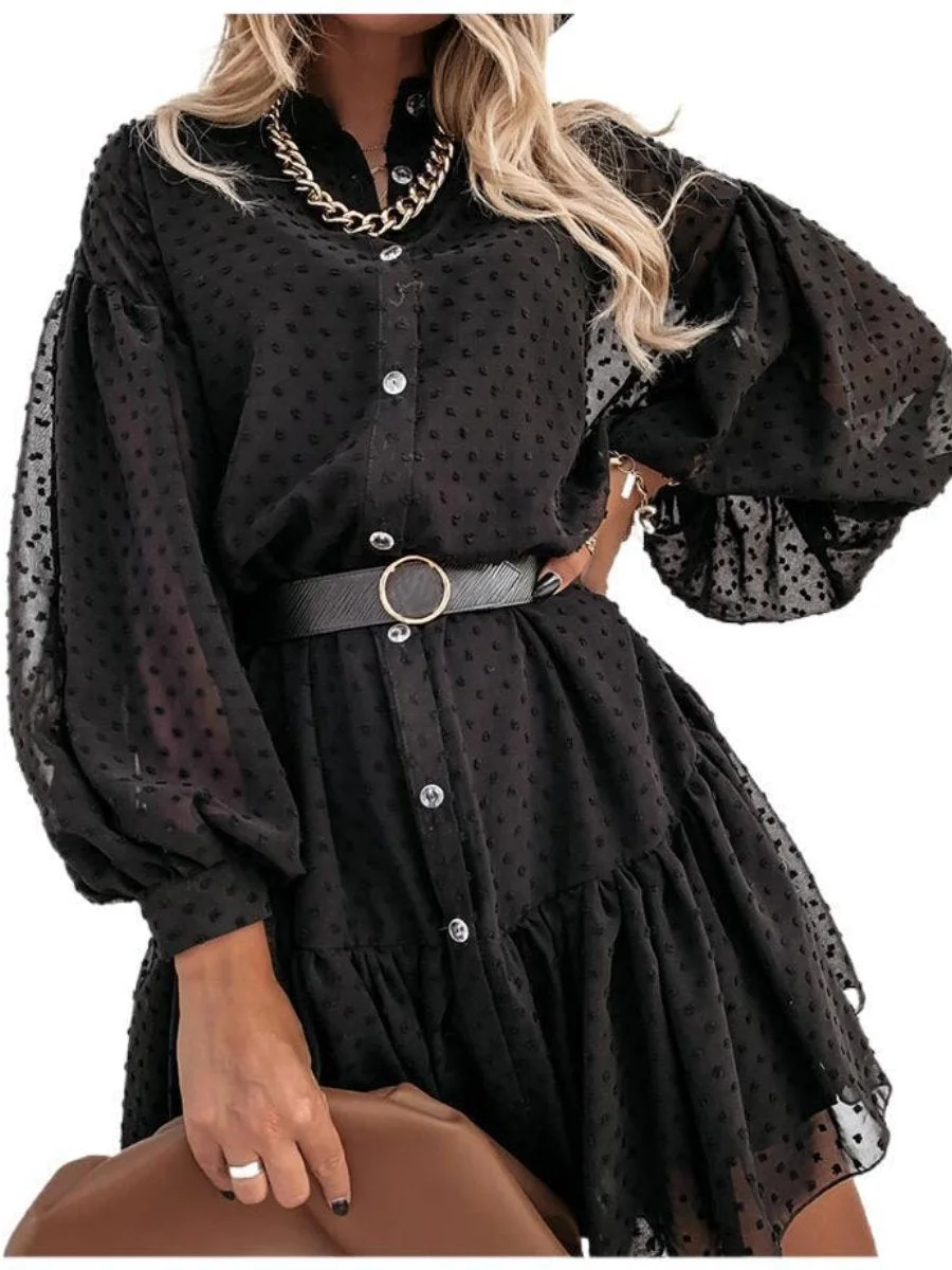 Puff Sleeve Mini Dress Black Lace Polka Dots Button Swing Dresses