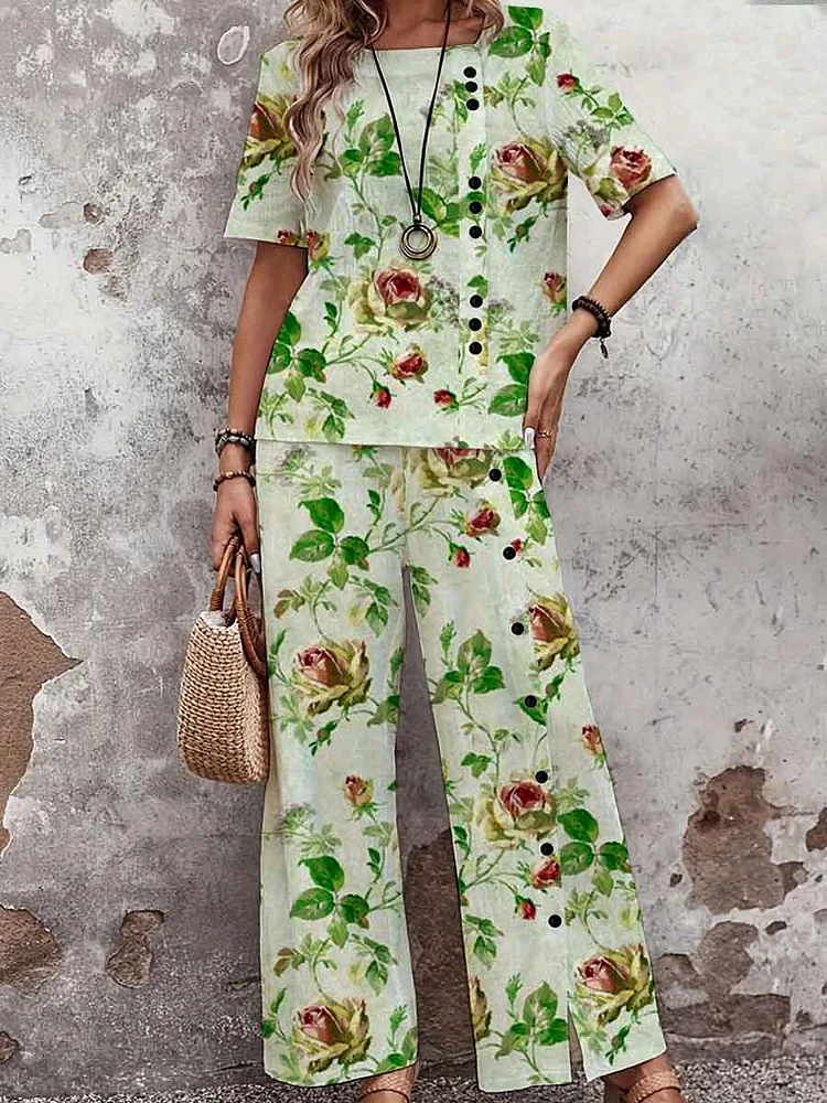 Women's Elegant Rose Floral Print Top Set
