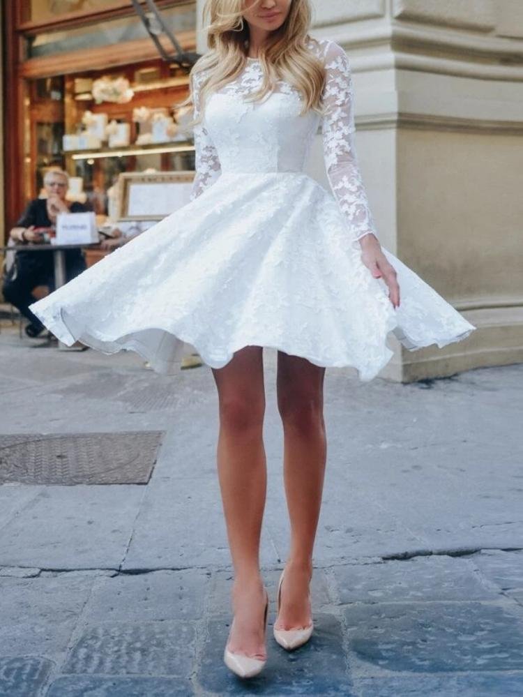 Lace round neck long sleeve high waist short wedding dress