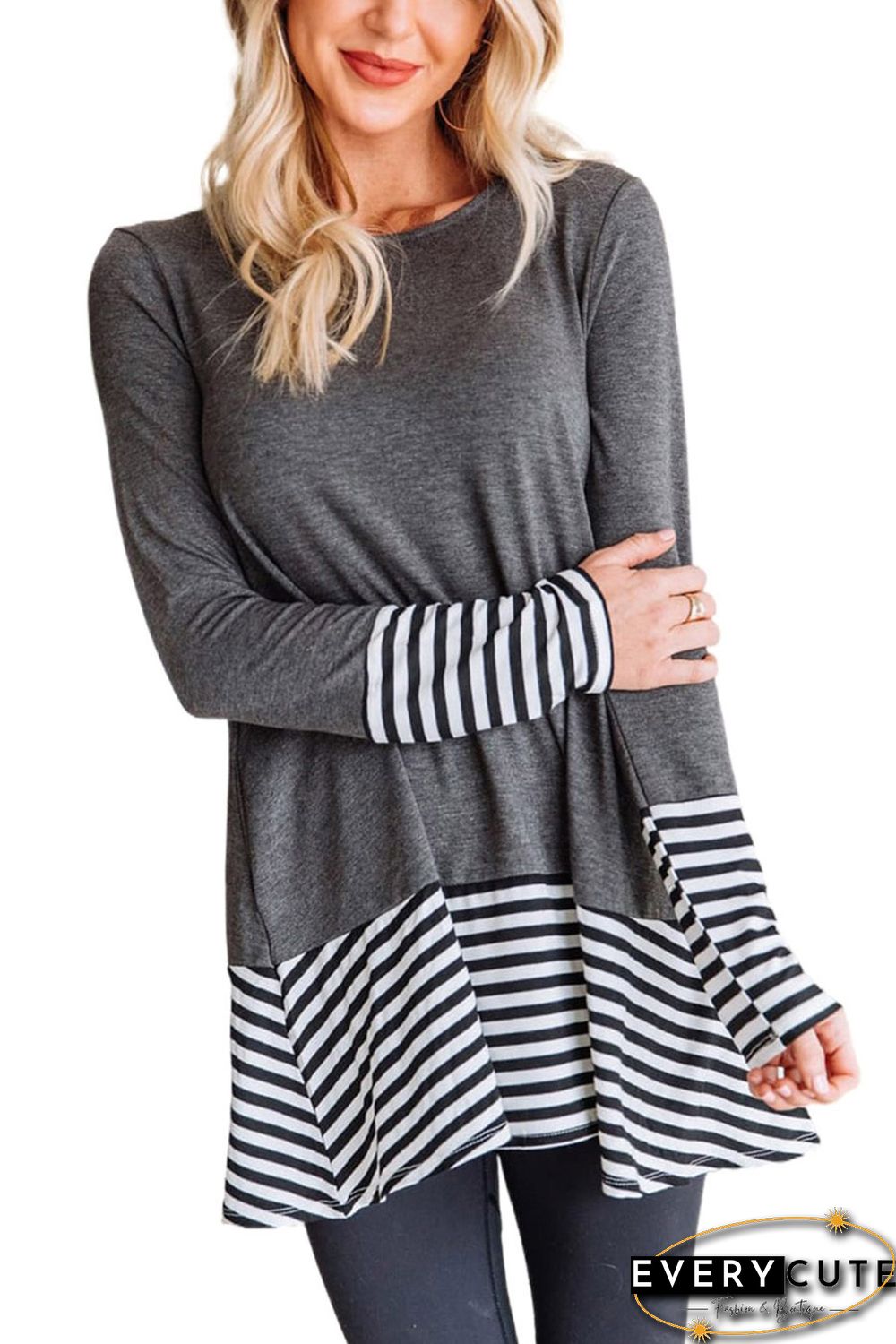 Striped Patchwork Gray Tunic Top