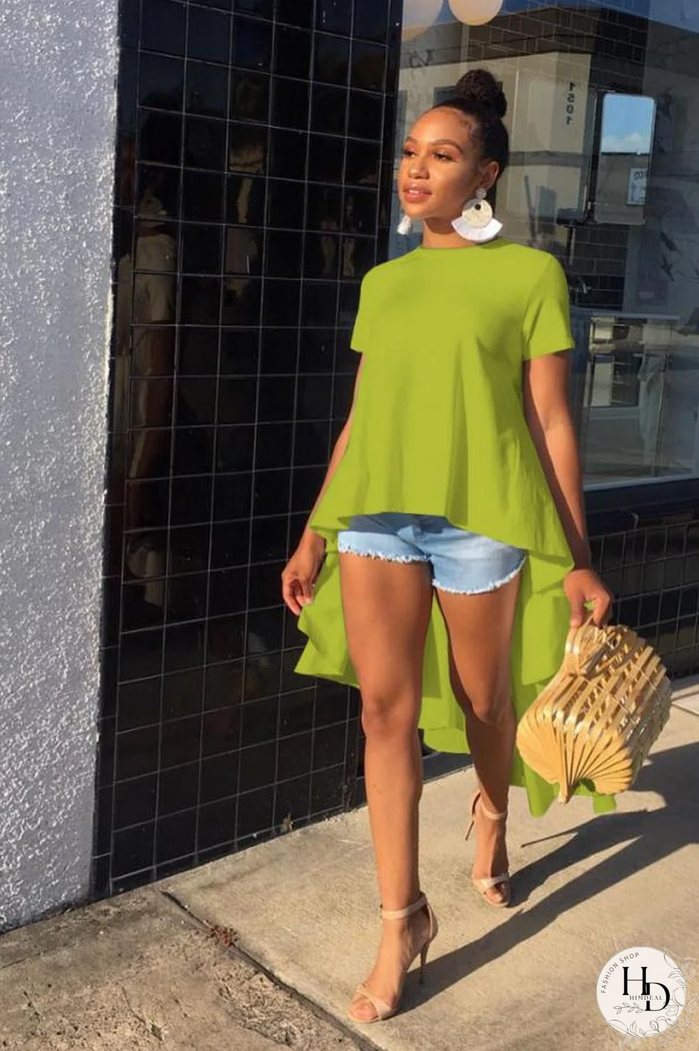 Green O Neck Short Sleeve Patchwork asymmetrical Tees & T-shirts