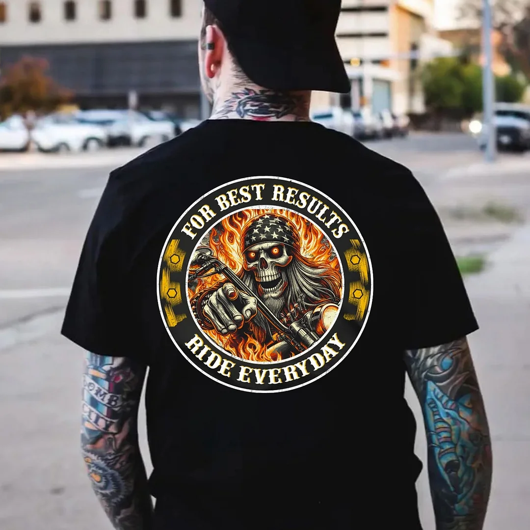 FOR BEST RESULTS RIDE EVERYDAY Skeleton Motorcyclist Print Men's T-shirt