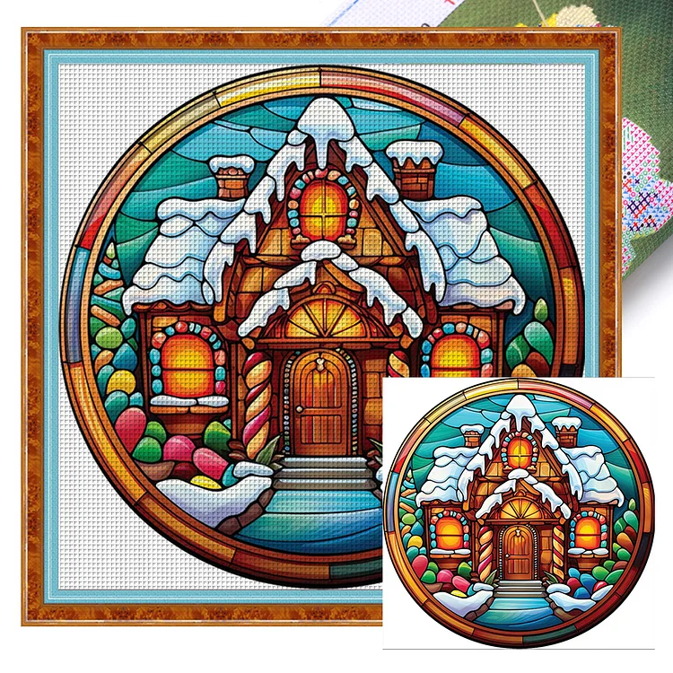 Glass Art-Christmas House - Printed Cross Stitch 18CT 20*20CM