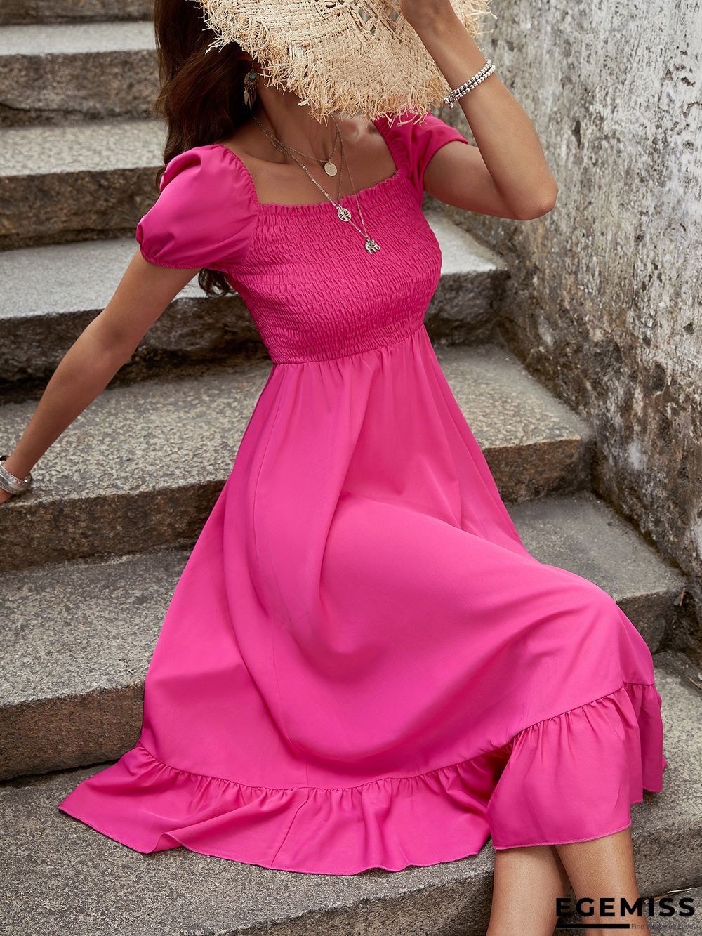 Dress Temperament Commuting Waist Closed Solid Color Bubble Sleeve Red Suspender High Waist | EGEMISS