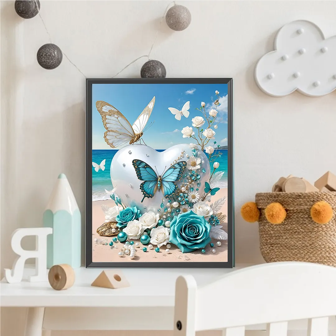 Beach Butterfly Full DIY 5D Round Drill Gem Art Diamond Painting Kits 11.81x15.75 in Diamond Dots Paintings Picture Arts Craft Diamond Art Kits for Adults/Beginners Gift Idea Home Decor