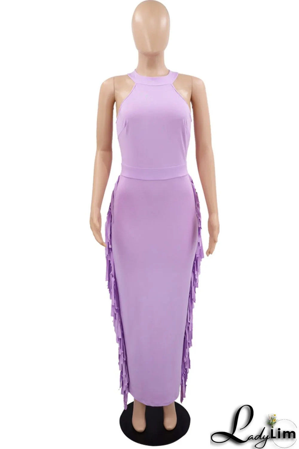 Purple Fashion Casual Solid Tassel Patchwork O Neck Sleeveless Dress