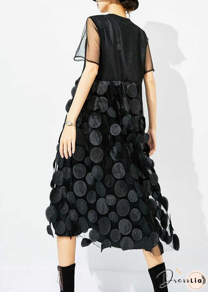 Women Tea Green O-Neck Patchwork Dot Tulle Holiday Dress Summer