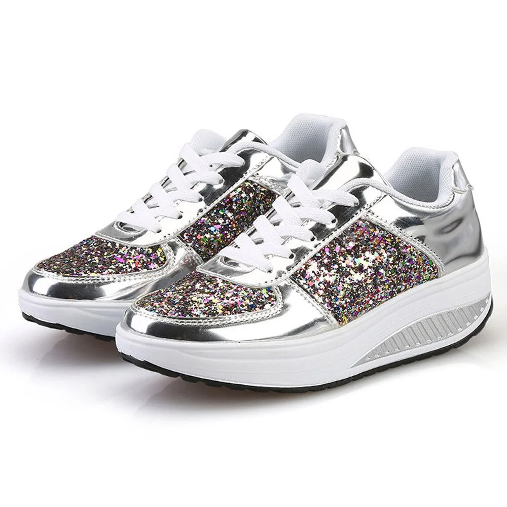 Fashion Women's Sneakers Casual Ladies Wedges Sneakers Sequins Shake Shoes Fashion Walking Girls Sport Women's Platform Shoes 42