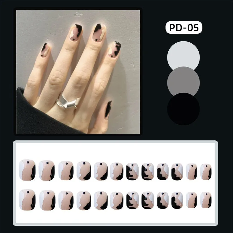 24pcs Leopard Theme Full Cover False Nail Tips Black Heart Line Transparent Stiletto French Fake Nails With Glue Detachable Tips-Nail Inspo