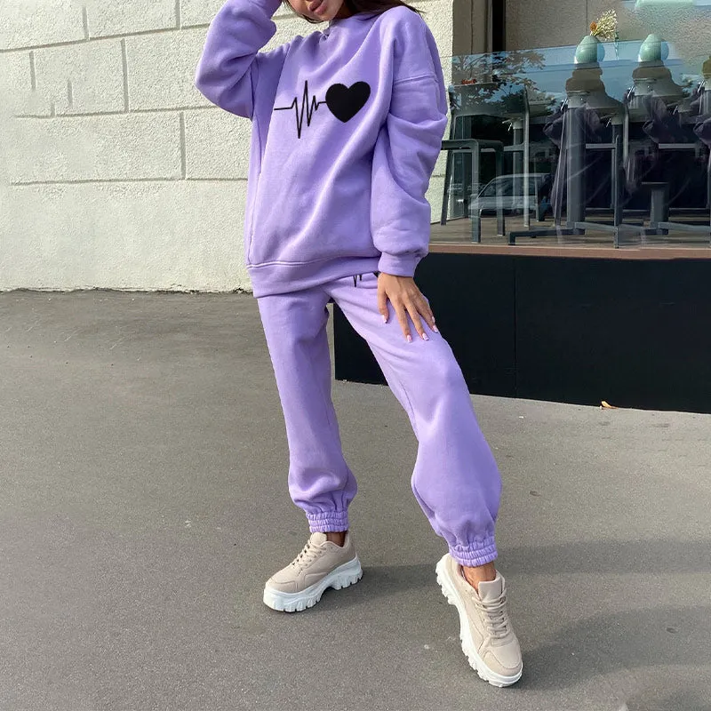 Oversize Heart Printed Fleece Women's Tracksuit Hoodies 2 Piece Set Sweatshirt + Pants Women Sport Suit Winter Sportswear