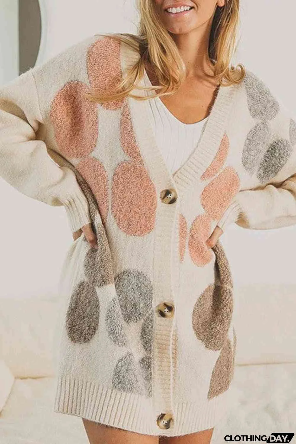 Button Down Ribbed Trim Cardigan