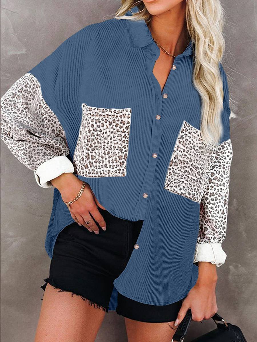 Leopard Stitched Button-Pocket Corduroy Shirt Jacket