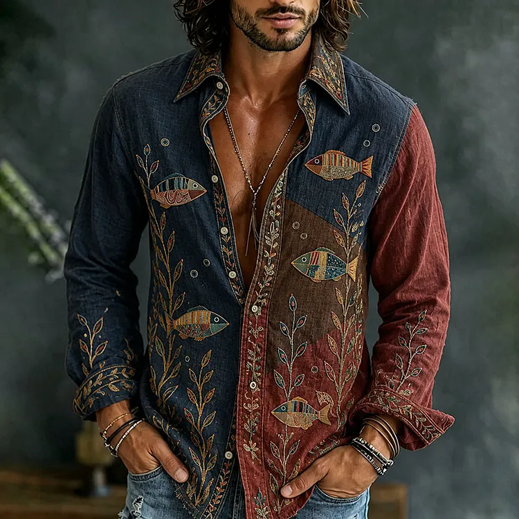 Men's Vintage Japanese Fish Art Long Sleeve Linen Blend Shirt