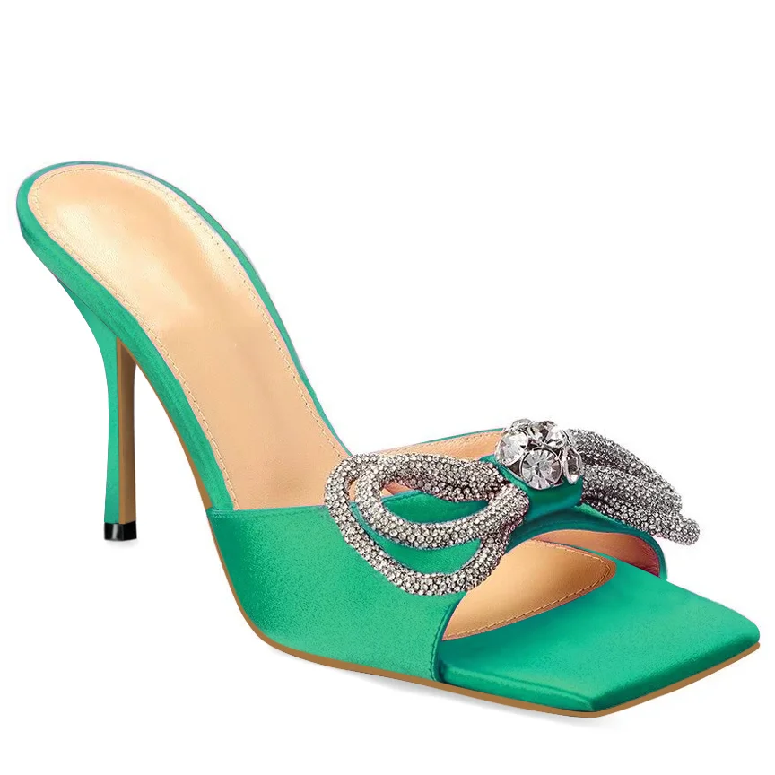 90mm Women's Heeled Sandals Square Open Toe Double Bow Satin Mules Heels Slip on Stilettos