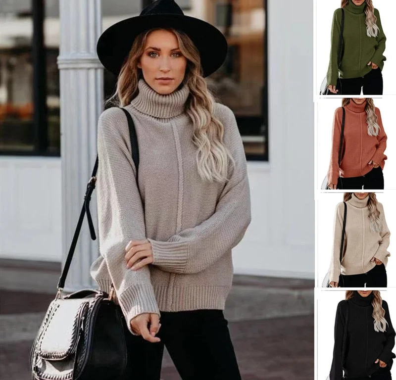 Fitshinling Bohemian Women's Turtleneck Sweater Knitwear Patchwork Reverse Line Jumper Pullover Winter Tops Holiday Sweaters New