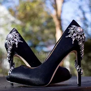Black Evening Heels Satin Peep Toe Rhinestone Platform Pumps