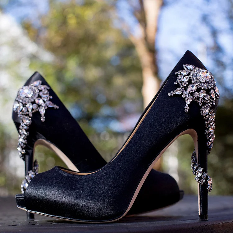 Black Prom Shoes Satin Stiletto Heels Rhinestone Evening Shoes |FSJ Shoes