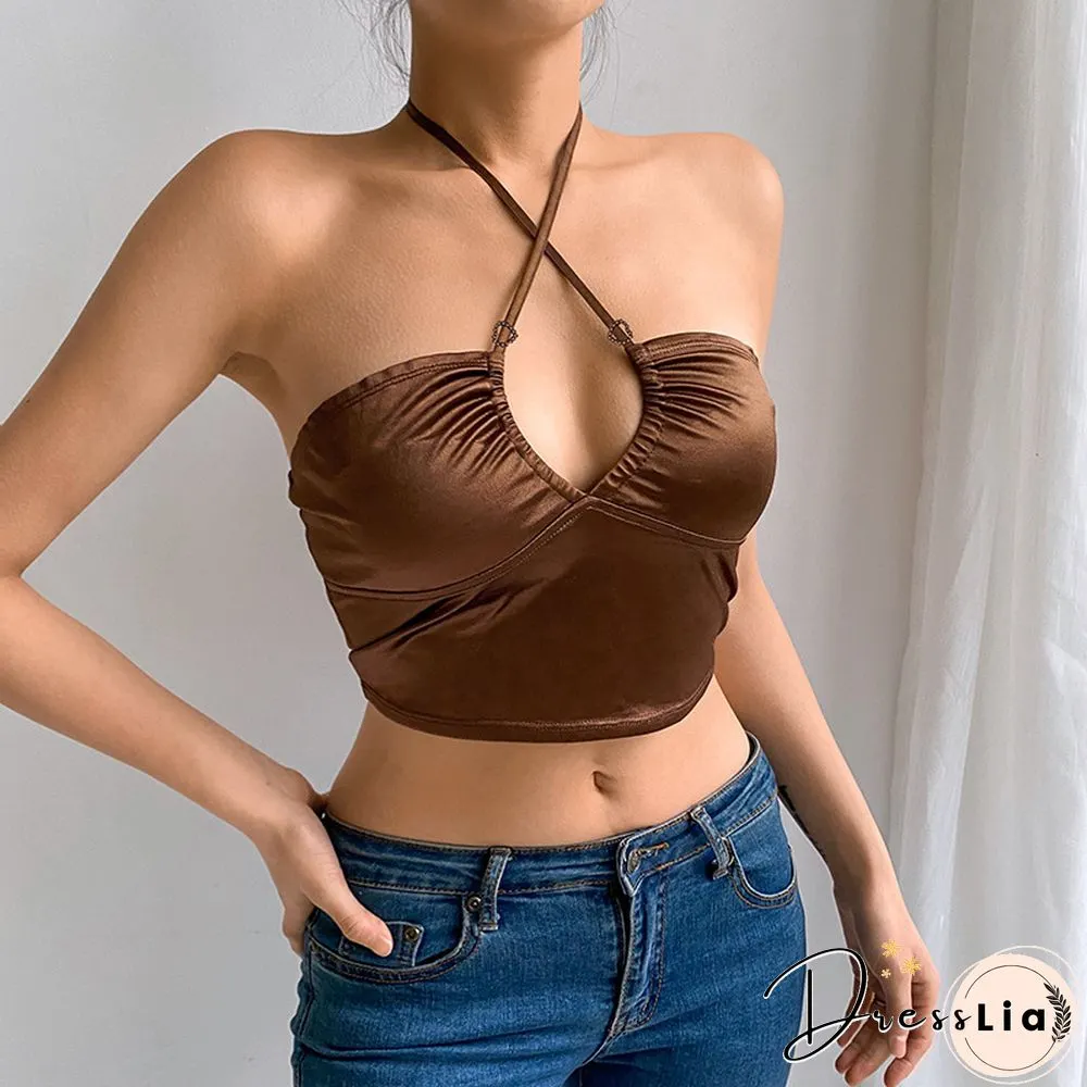 Sexy Fashion Brown Halter Tops Women Backless Skinny Camisole Korean Harajuku Clubwear