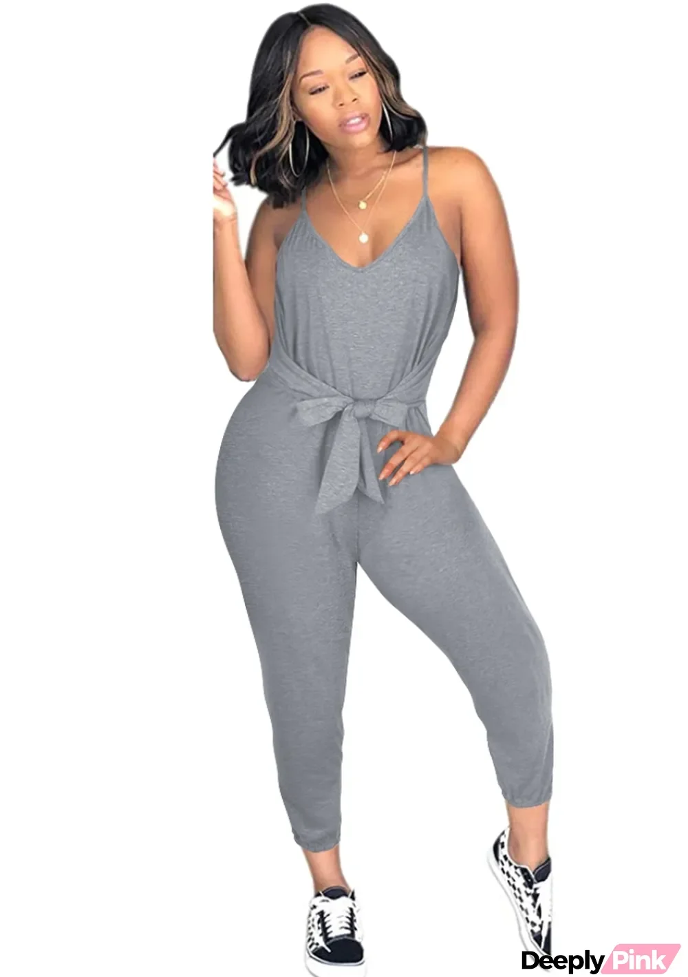 Summer Women Casual Gray U-neck Tied Bow Straps Jumpsuit
