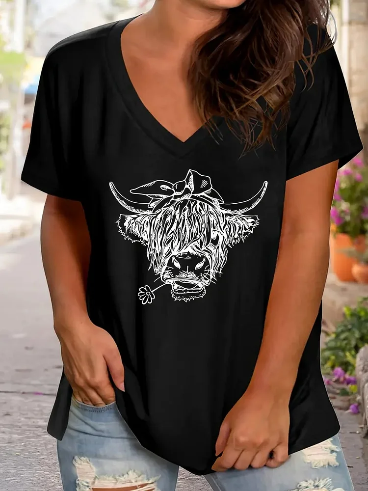 Women's Casual Cartoon Cow Print V-Neck Short Sleeve T-Shirt