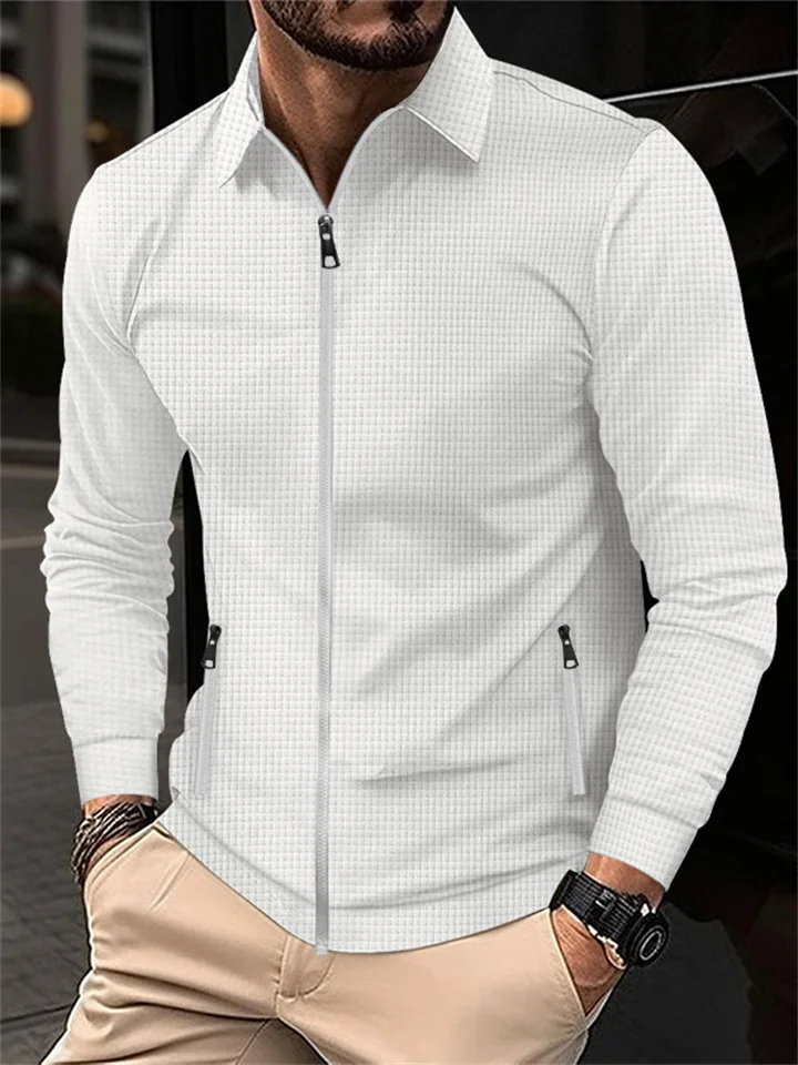 Waffle Lapel Solid Color Long Sleeve Zipper Men's Jacket Casual Polo Men's Fall Side Seam Pockets Jacket