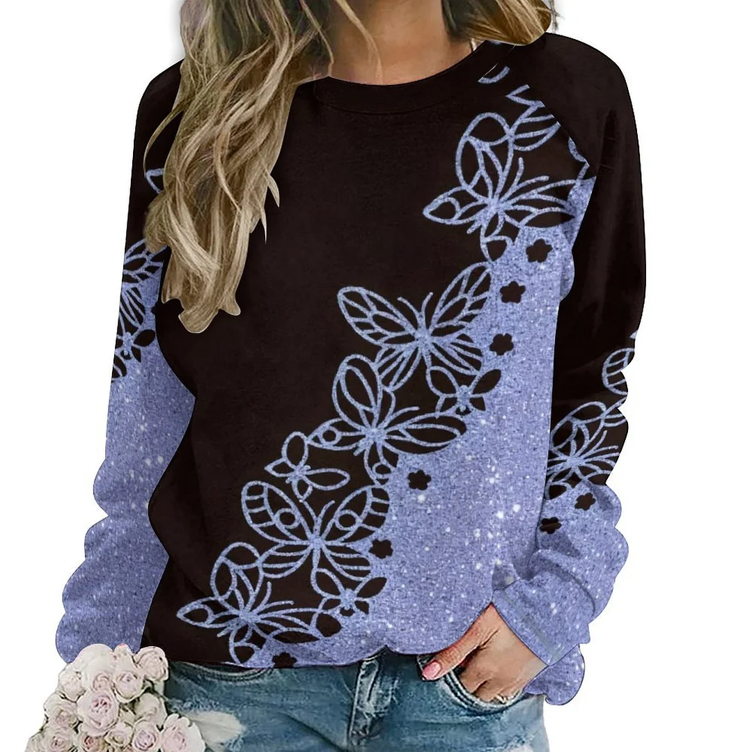 Printed Long Sleeve Casual Sweatshirt for  Women and Men Unisex Pattern Purple, Butterfly, Glitter