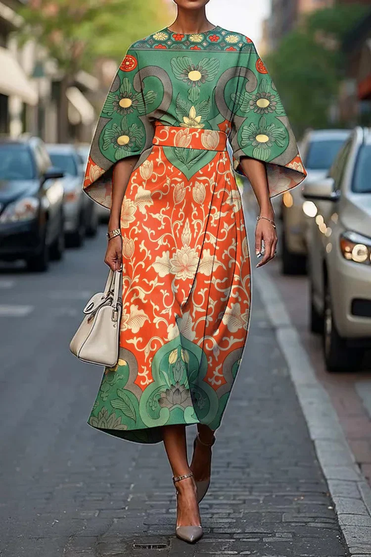 Women's Elegant Vintage Floral Print Midi Dress