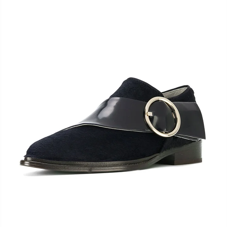 Black Dress Shoes Buckle Embellished Flats |FSJ Shoes