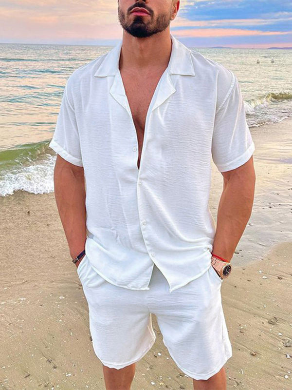 Mature Men's Summer Lapel Cotton Linen Solid Color Short Sleeve Shorts Suits Set