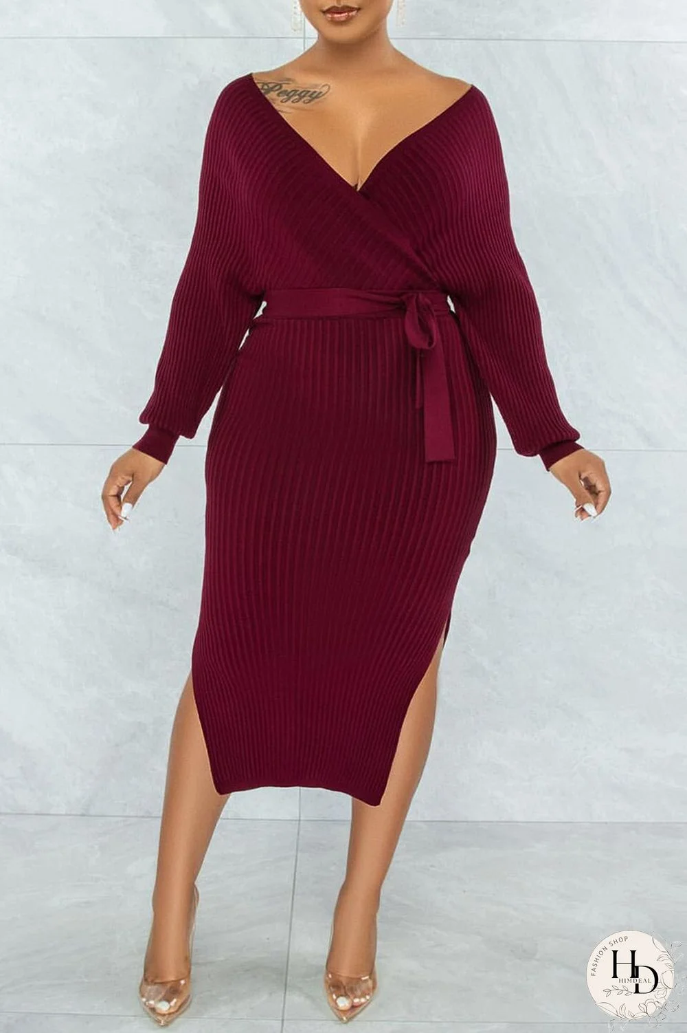 Green Sexy Solid Split Joint Slit With Belt V Neck Pencil Skirt Dresses