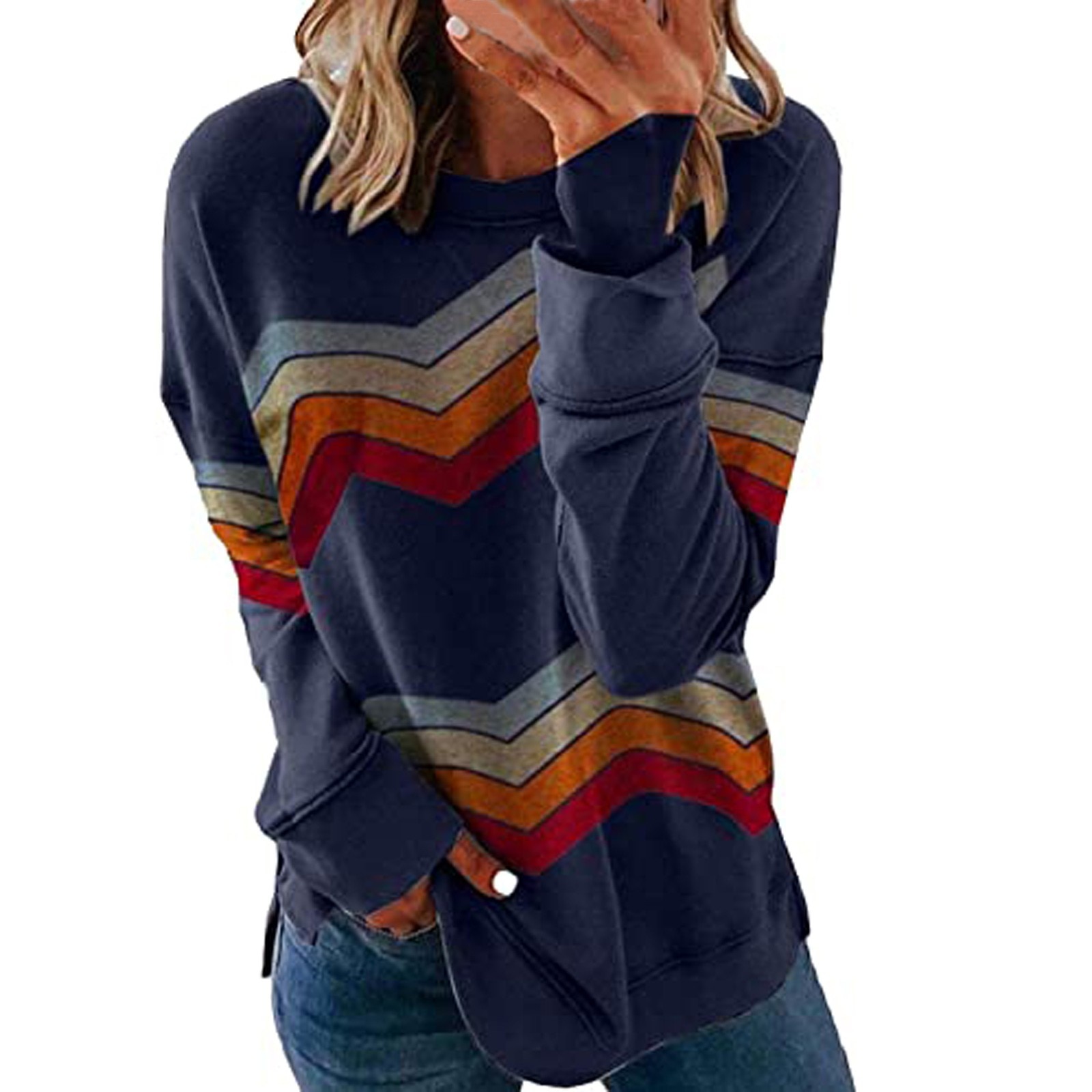 Stripe Print Casual Long Sleeve Color Matching Pullover Tops Ladies T-shirt