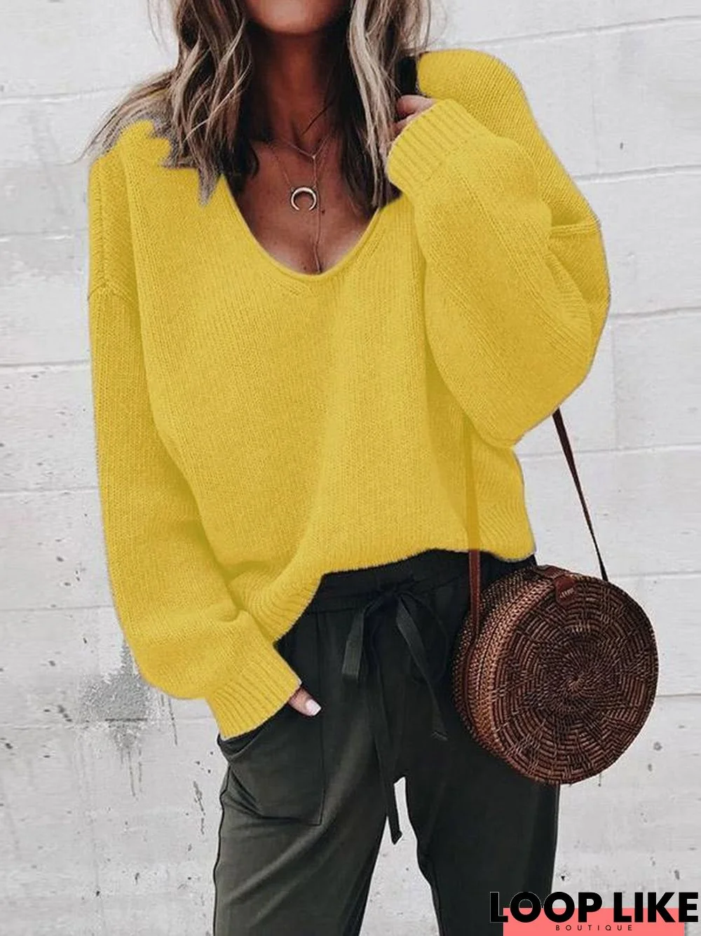 Simple Solid Color V-Neck Sweater Tops