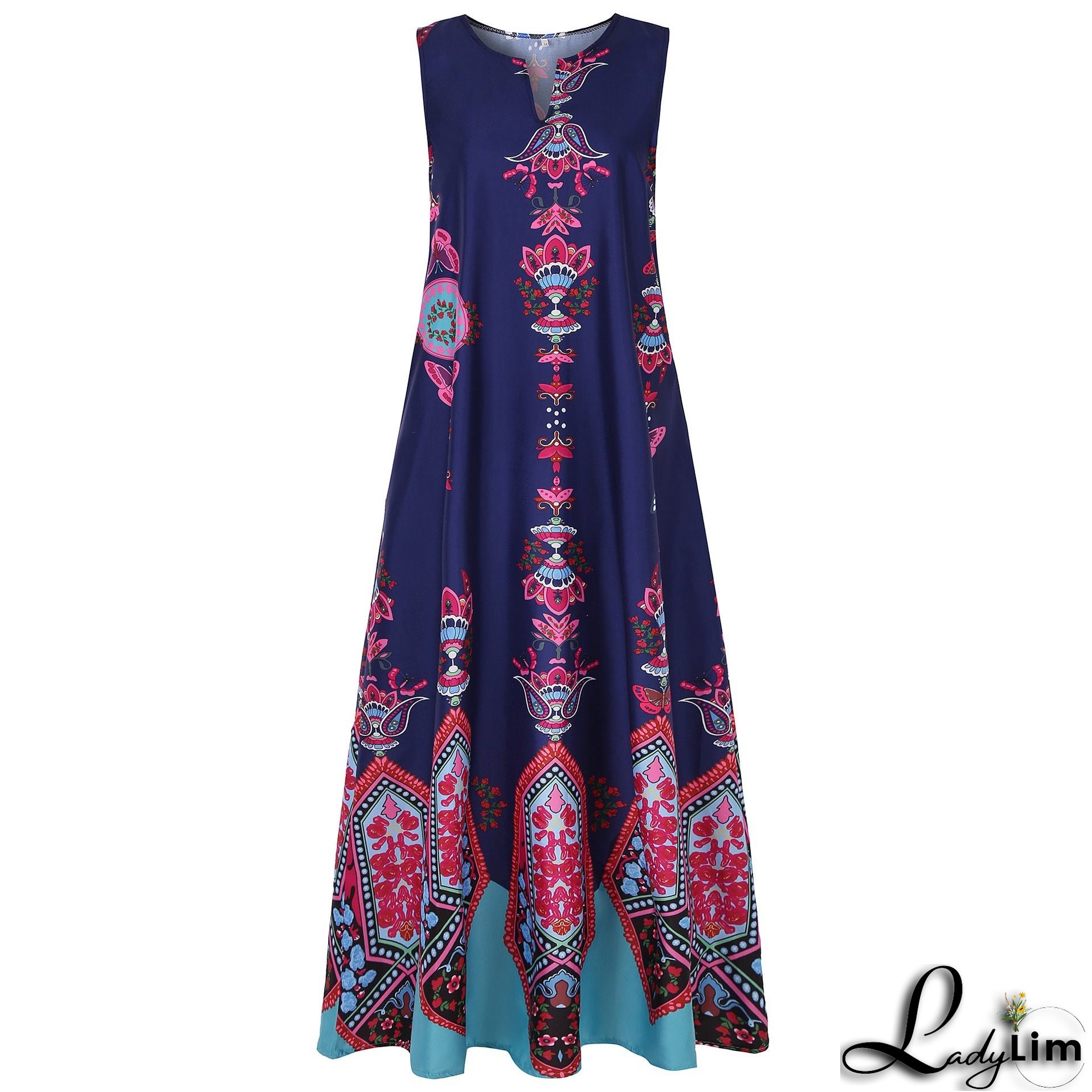 Vintage print dress V-neck sleeveless