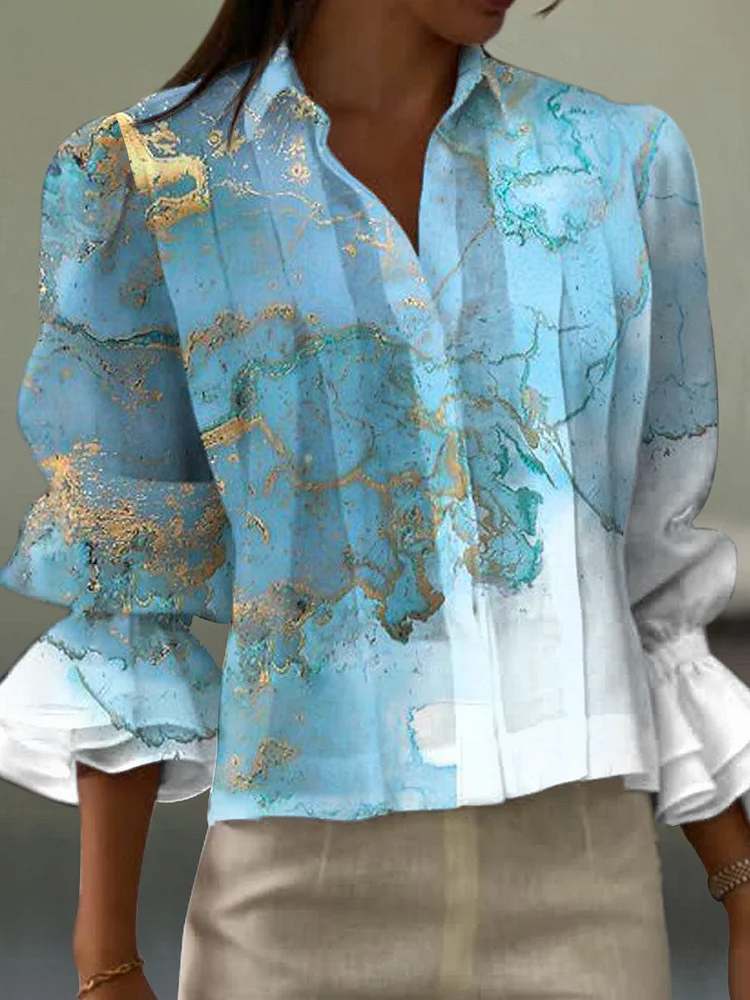 Women's  Vintage Abstract Geometric Texture Art Print Casual  Cotton And Linen Shirt