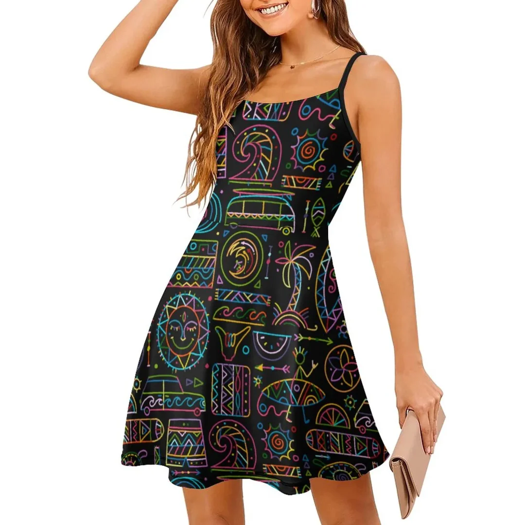 Polynesian Tribal Line Surfing Sea Turtle Casual Women's Sling Dress Boho Casual Sleeveless Straps Flared Cami Dreses
