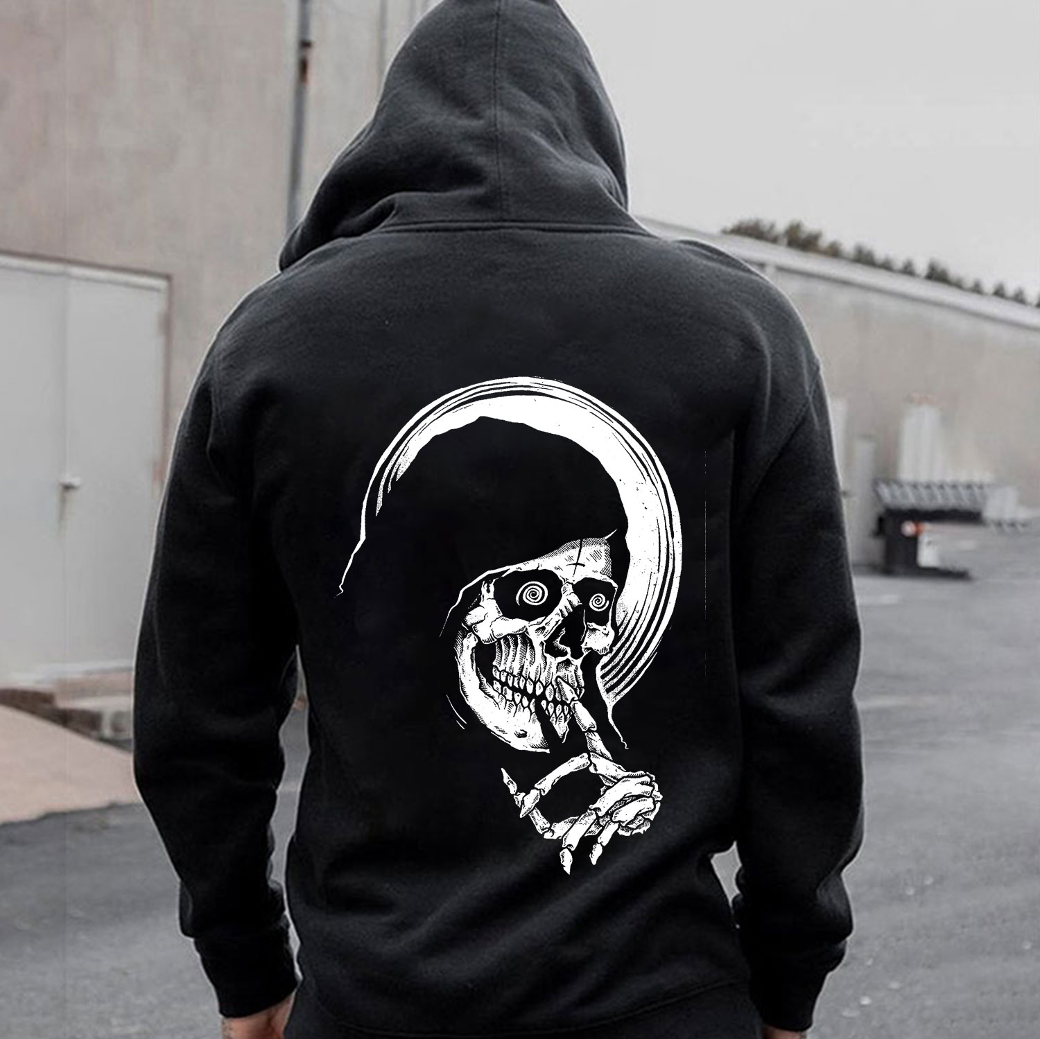Funky Gothic Thinking Skull Dizziness Dark Graphic Black Print Hoodie