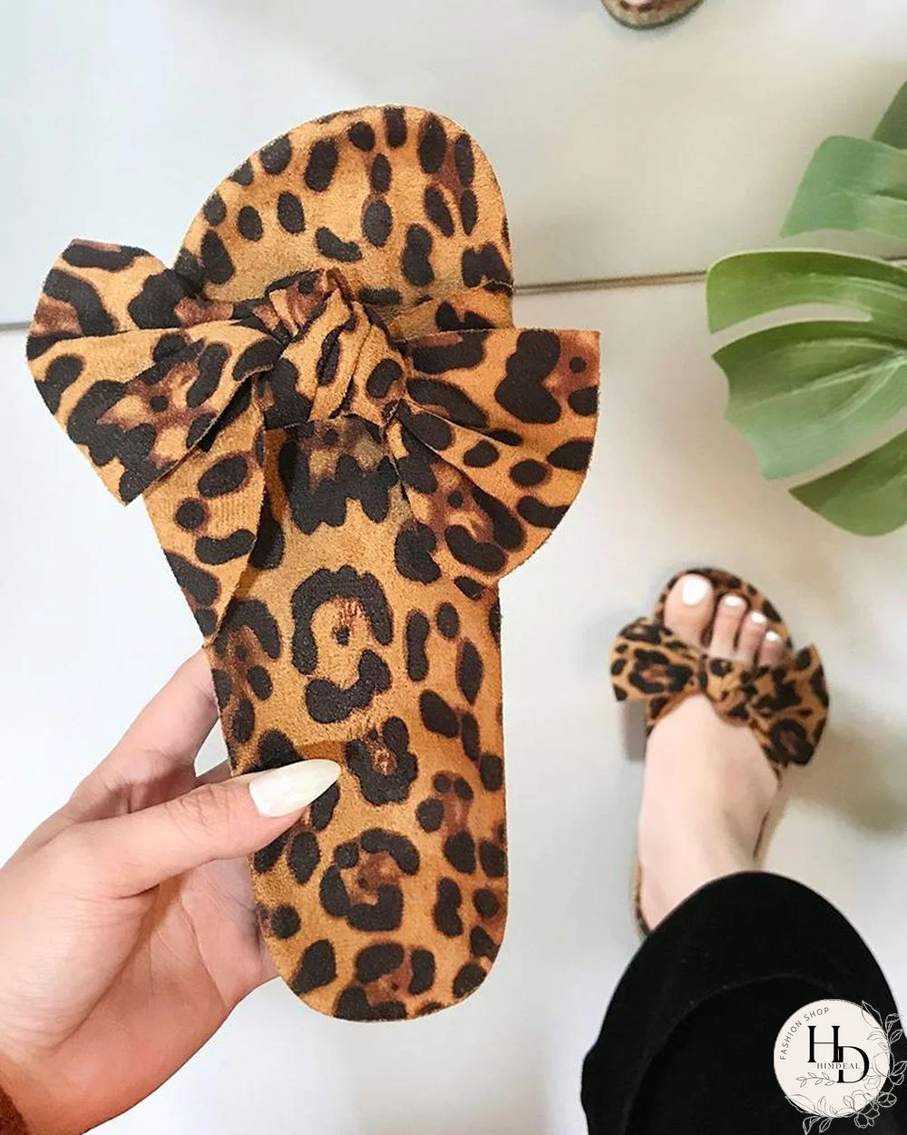 Leopard Bowknot Open-toe Flat Sandals